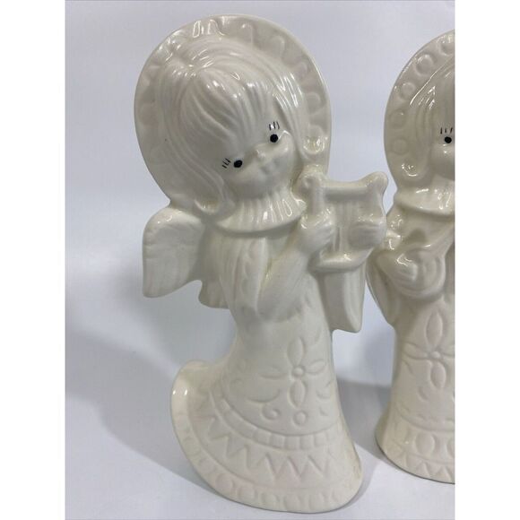 Vintage Midcentury 60s Ceramic Angel Figurine Set White Geometric Design 8.5” - Picture 2 of 5